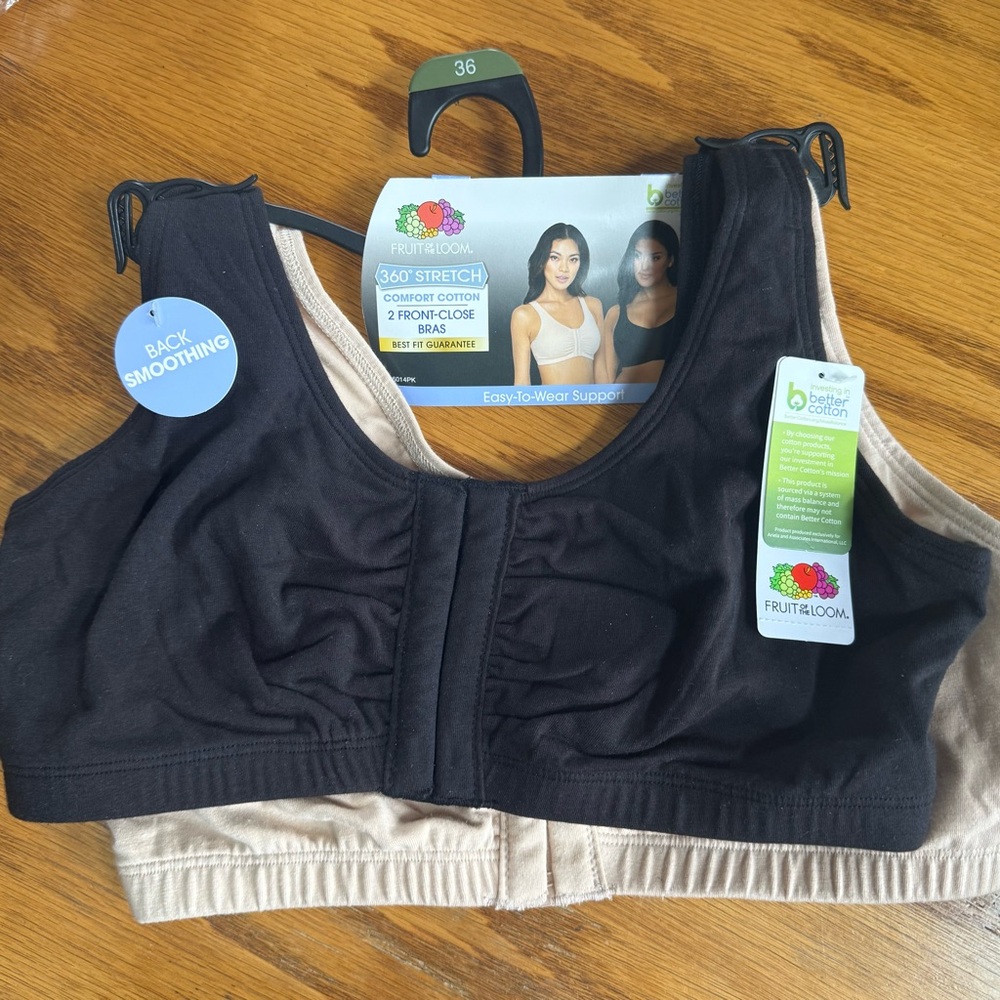 NWT (Tan washed) 36 Fruit of the Loom Women's Black and Beige Front-Close Bras